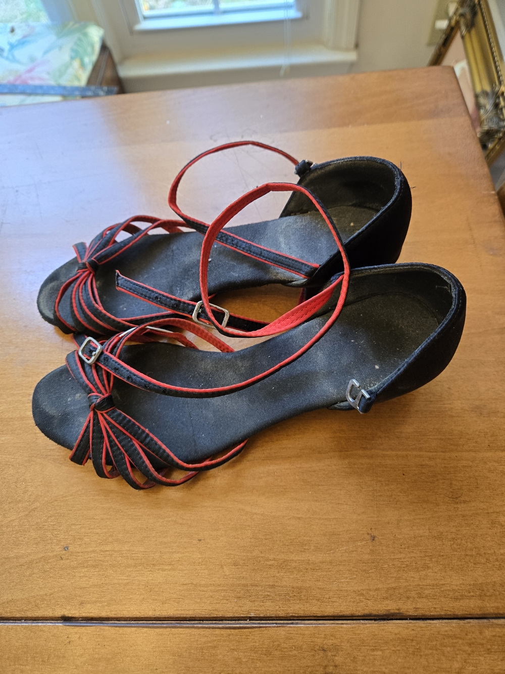 Women's Black Sandals with Red Trim Ankle-Strap